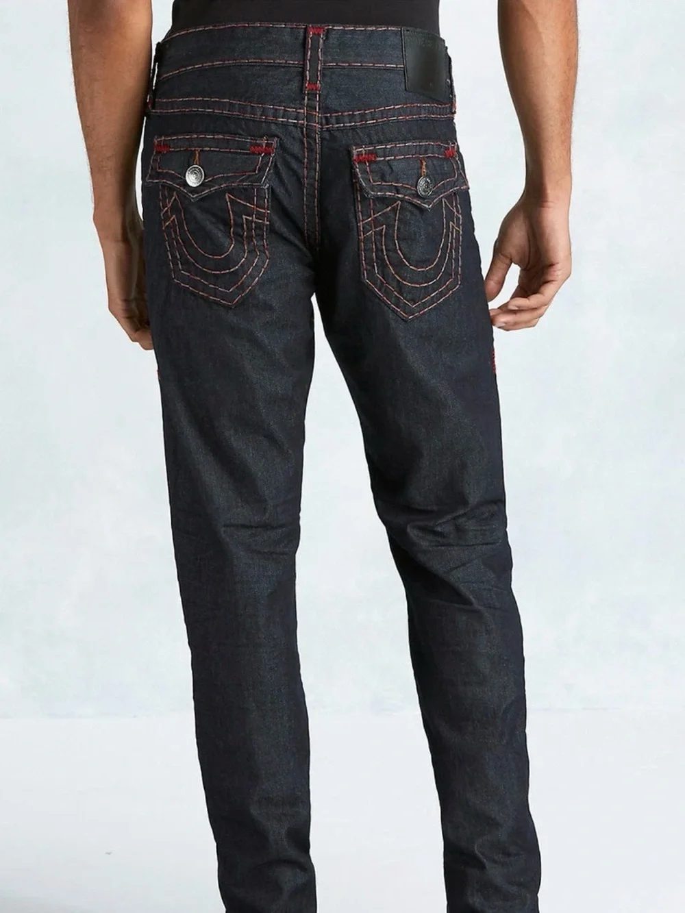 True Religion•Geno Relaxed Slim Jeans Dark Wash Red Super T Stitch Denim